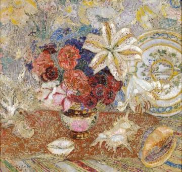 Vase of Flowers and Shells Artwork by Leon De Smet