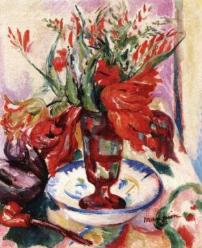 Tulips In A Red Glass Artwork by Henri Manguin