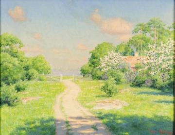 House with flowering trees Artwork by Johan Krouthén