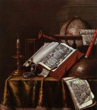 Still Life with Musical Instruments, Plutrach's "Lives", and a Celestial Globe Artwork by Edwart Collier