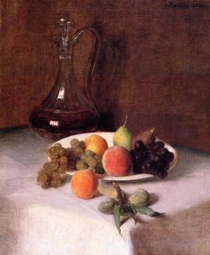 A Carafe of Wine and Plate of Fruit on a White Tablecloth Artwork by Henri Fantin-Latour