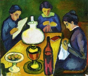 Three Women at the Table by the Lamp Artwork by August Macke