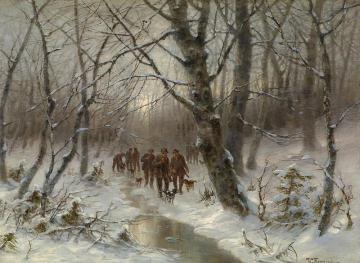 Hunters In A Winter Forest Artwork by Desire Thomassin-Renardt