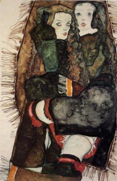 Two Girls on a Fringed Blanket Artwork by Egon Schiele