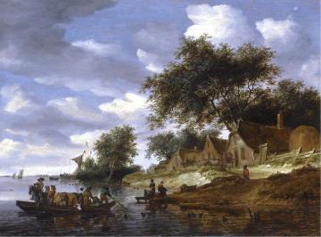 A river landscape with figures crossing to the shore on a cattle ferry Artwork by Salomon van Ruysdael