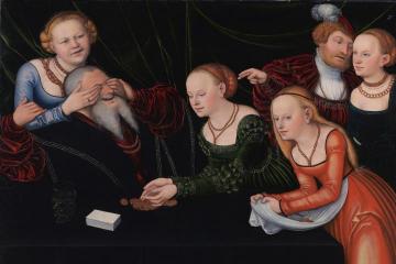 Old man beguiled by courtesans Artwork by Lucas Cranach the Elder