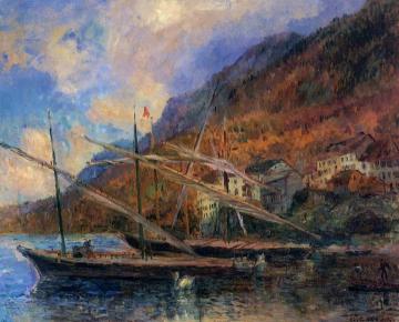 Boats by the Banks of Lake Geneva at Saint-Gingolph Artwork by Albert Lebourg