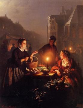 A Moonlit Vegetable Market Artwork by Petrus van Schendel