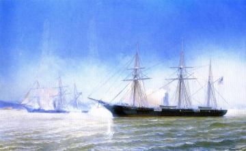 The Confederate Raider Alabama In Action With The U.s.s. Kearsarge, June 19, 1864 Artwork by Jean-Baptiste-Henri Durand-Brager