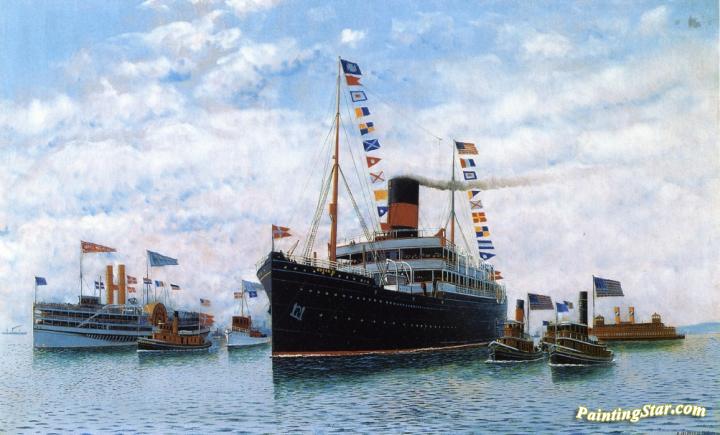 Steamship Oscar Ii Entering New York Harbor Artwork by Antonio Jacobsen