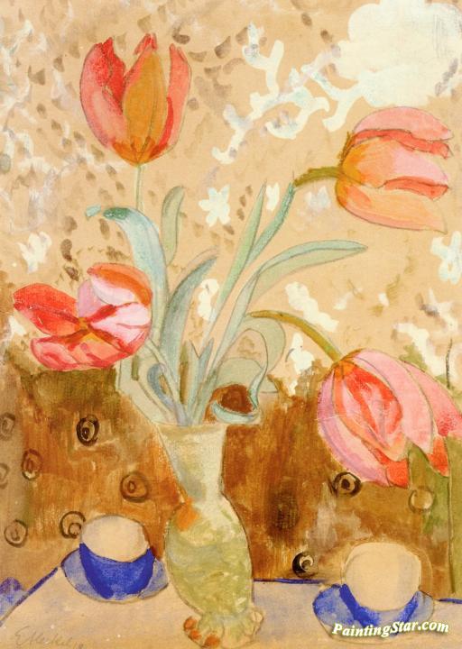 Red Tulips with Blue Cups Artwork by Erich Heckel