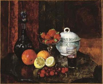 Still life with strawberries, cherries and blue pitcher Artwork by Ilya Mashkov
