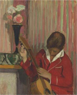 Pierre Labasque playing a guitar Artwork by Henri Lebasque