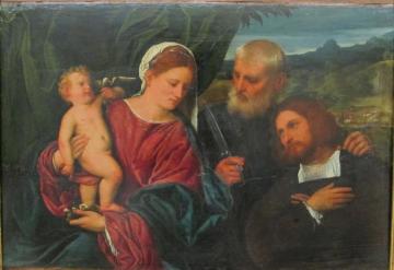 Sacred Conversation with St. Omobono and Donor Artwork by Paris Bordone