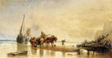 Figures Unloading Fishing Boats on Shore Artwork by George Howse