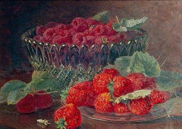 Strawberries and Raspberries in a Glass Bowl Artwork by Eloise Harriet Stannard