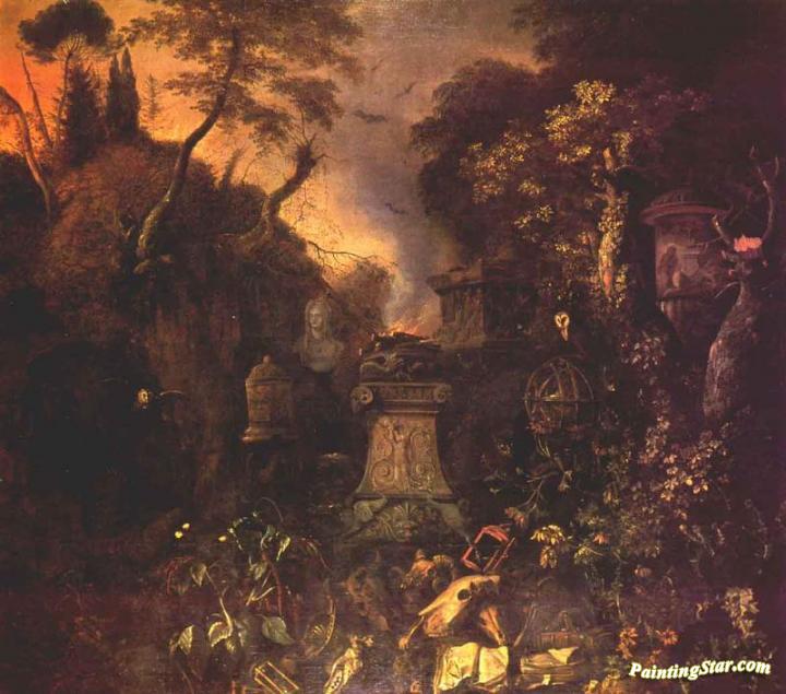 Landscape with a Graveyard by Night Artwork by Matthias Withoos