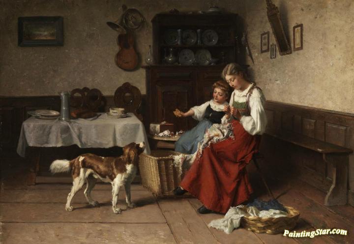 Two Young Girls With A Gog In An Interior Artwork by Theodore Gerard