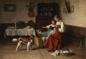 Two Young Girls With A Gog In An Interior Artwork by Theodore Gerard