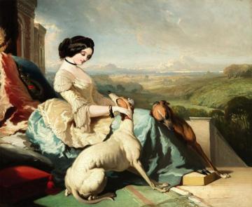 A Lady Sitting With Two Greyhounds Artwork by Alfred de Dreux