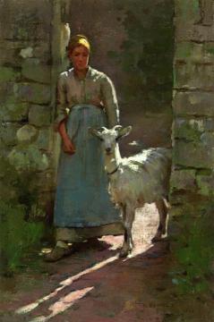 Girl with Goat Artwork by Theodore Robinson