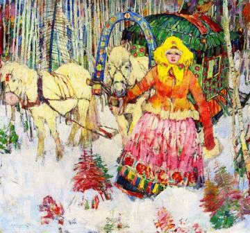 Mongolian Girl with Sled and White Horses Artwork by Leon Shulman Gaspard