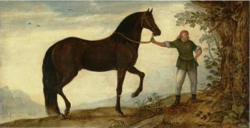 A Black Stallion With A Groom, In A Landscape Artwork by Roelant Savery