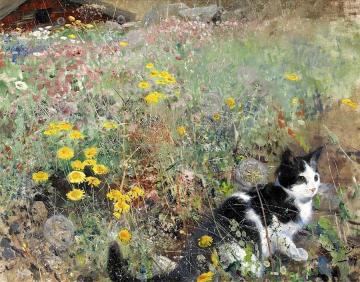 Cat in the Meadow Artwork by Bruno Liljefors