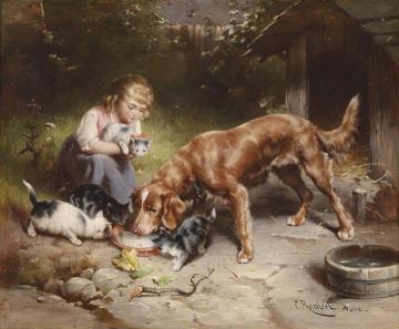 Girl with dog and cats Artwork by Carl Reichert