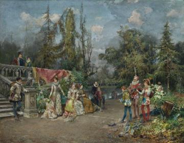 Venetian Court, Ministrel Scene Artwork by Cesare Auguste Detti