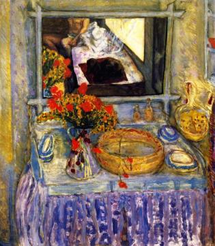 The Dressing Table with a Bunch of Red and Yellow Flowers Artwork by Pierre Bonnard