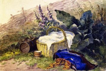 Still LIfe: Basket, Foxgloves, Clothes and Other Objects Artwork by David Cox