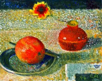 Still Life With Vase And Flower, Plate With Apple And Fruit Knife Artwork by Cuno Amiet
