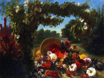 A Basket of Flowers Overturned in a Park Artwork by Eugène Delacroix