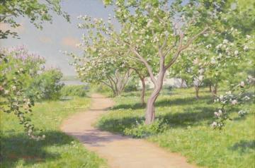 Summer landscape with blooming apple trees Artwork by Johan Krouthén