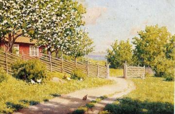 Cottage in early summer greenery Artwork by Johan Krouthén