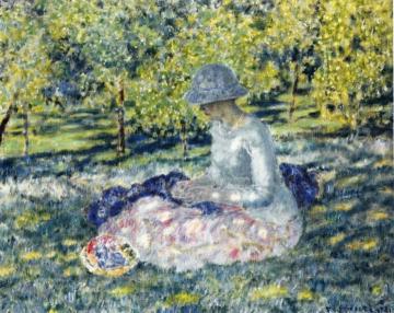 Woman Seated in a Park with Basket Artwork by Frederick Carl Frieseke