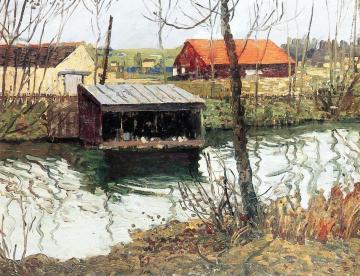Boathouse on a Canal, Pennsylvania Artwork by Walter Elmer Schofield