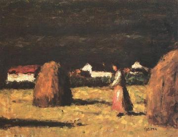 Farmstead with Haystacks and Woman in Pink Apron Artwork by Jozsef Koszta