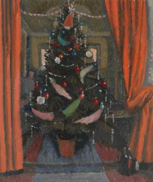 Christmas Tree Viewed Through Red Curtains Artwork by Charles Mahoney