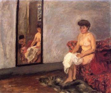 Nude Seated on a Red Sofa Artwork by Pierre Bonnard