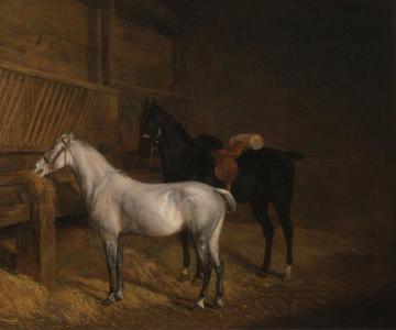 A Grey Pony and a Black Charger in a Stable Artwork by Jacques-Laurent Agasse