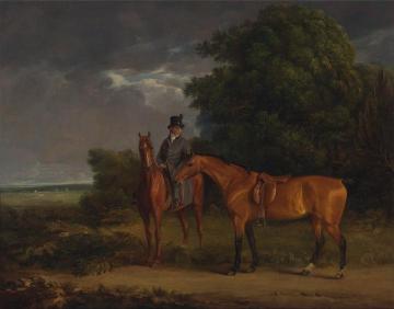 A Groom Mounted on a Chestnut Hunter, He Holds a Bay Hunter by the Reins Artwork by Jacques-Laurent Agasse