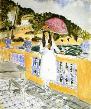 On The Terrace, Girl With Pink Umbrella Artwork by Henri Matisse