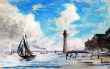 Honfleur, Shore, Sailboats and Lighthouse Artwork by Eugène-Louis Boudin