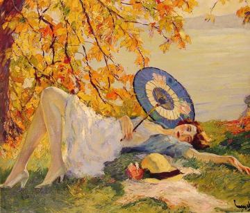 Woman Recling By A Lake Artwork by Edward Cucuel
