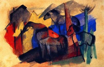 Three Horses in Landscape with Houses Artwork by Franz Marc