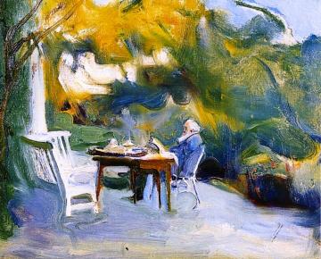 Alfred Lys Baldry Seated At A Table In The Gardens At The Kennels Artwork by Philip Alexius de Laszlo