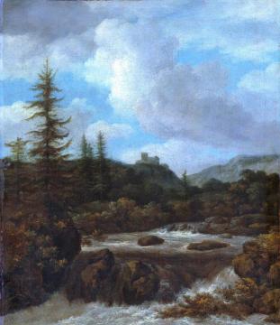 Landscape with a waterfall near a castle Artwork by Jacob van Ruisdael