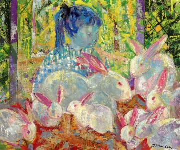Rabbits, White And Pink Artwork by Emilio Grau Sala